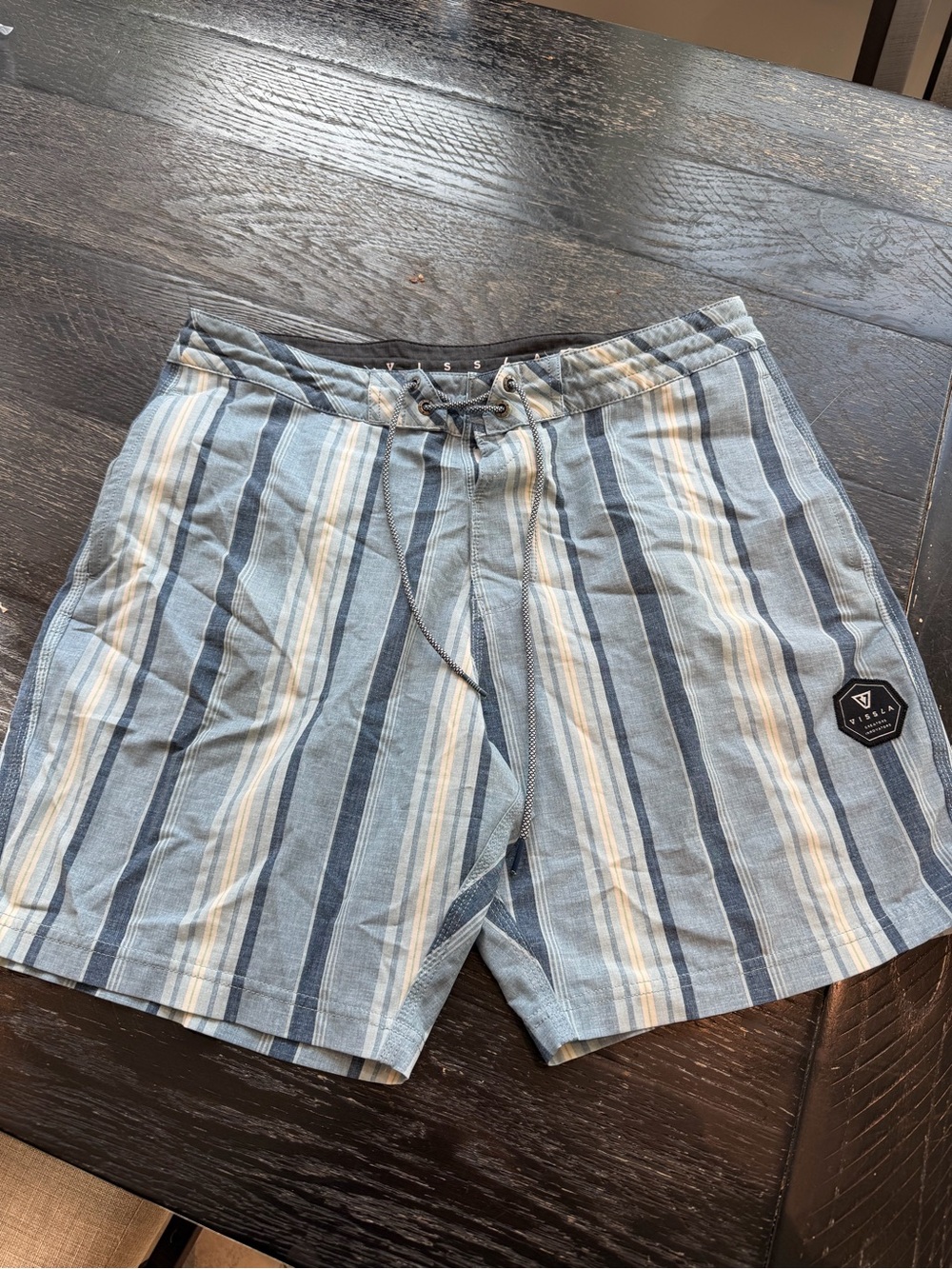 VISSLA Blue and White Striped Men’s Swim Board Shorts